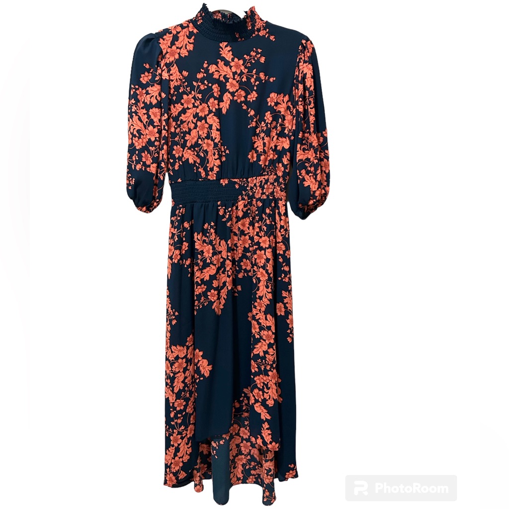 Nanette Lepore, High Low Women’s Dress, Navy And Orange Floral, Long Sleeve, 2